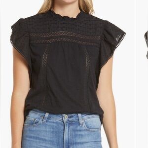 Caslon Black Cotton Blouse with ruffle and lace accents